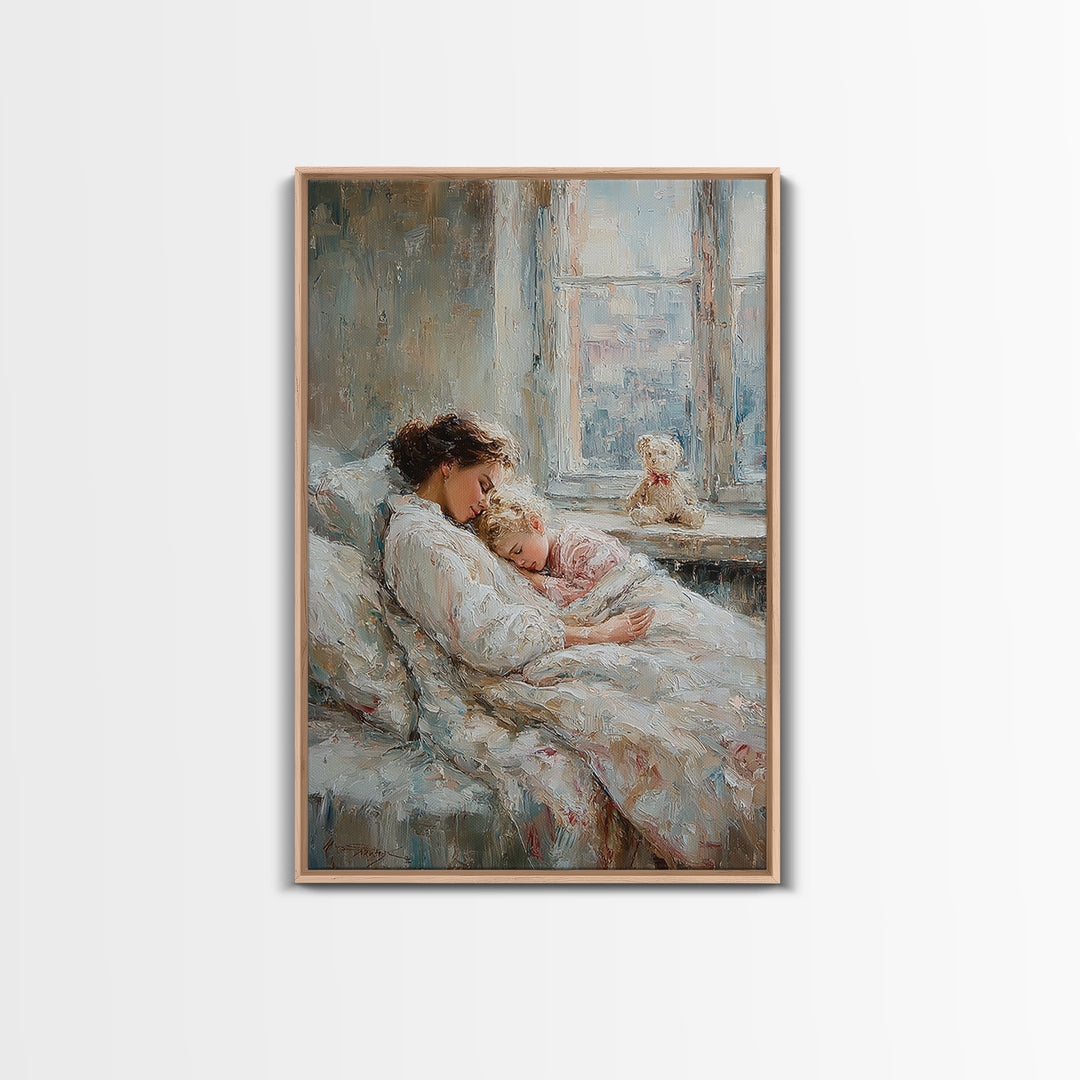 Tender Mother And Child Sleeping By Window Wall Art, Soft Nursery Decor, Mothers Day Gift, Bedroom Art Print, New Mom Gift