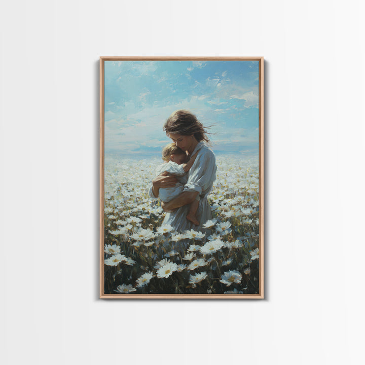 Mother Cradling Baby In Blue Sky Daisy Field Framed Canvas Print, Floral Wall Art, Nursery Decor, Mothers Day Gift, New Mom Gift