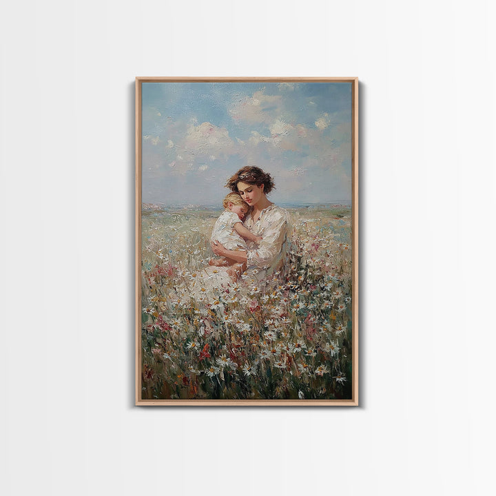 Romantic Mother And Baby In Wildflower Field Canvas Print, Floral Wall Art, Nursery Decor, Mothers Day Gift, New Mom Gift