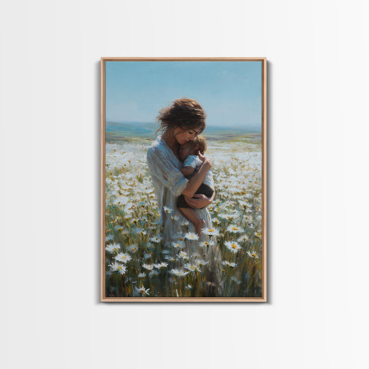 Mother Nursing Baby In Daisy Meadow Wall Art, Feminine Floral Oil Painting Print, New Mom Gift, Nursery And Bedroom Decor