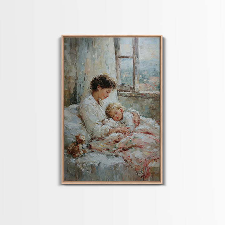 Mother And Sleeping Child By Window Framed Canvas Print, Cozy Bedroom Wall Art, New Mom Gift, Nursery Room Decor, Soft Neutral Home Decor