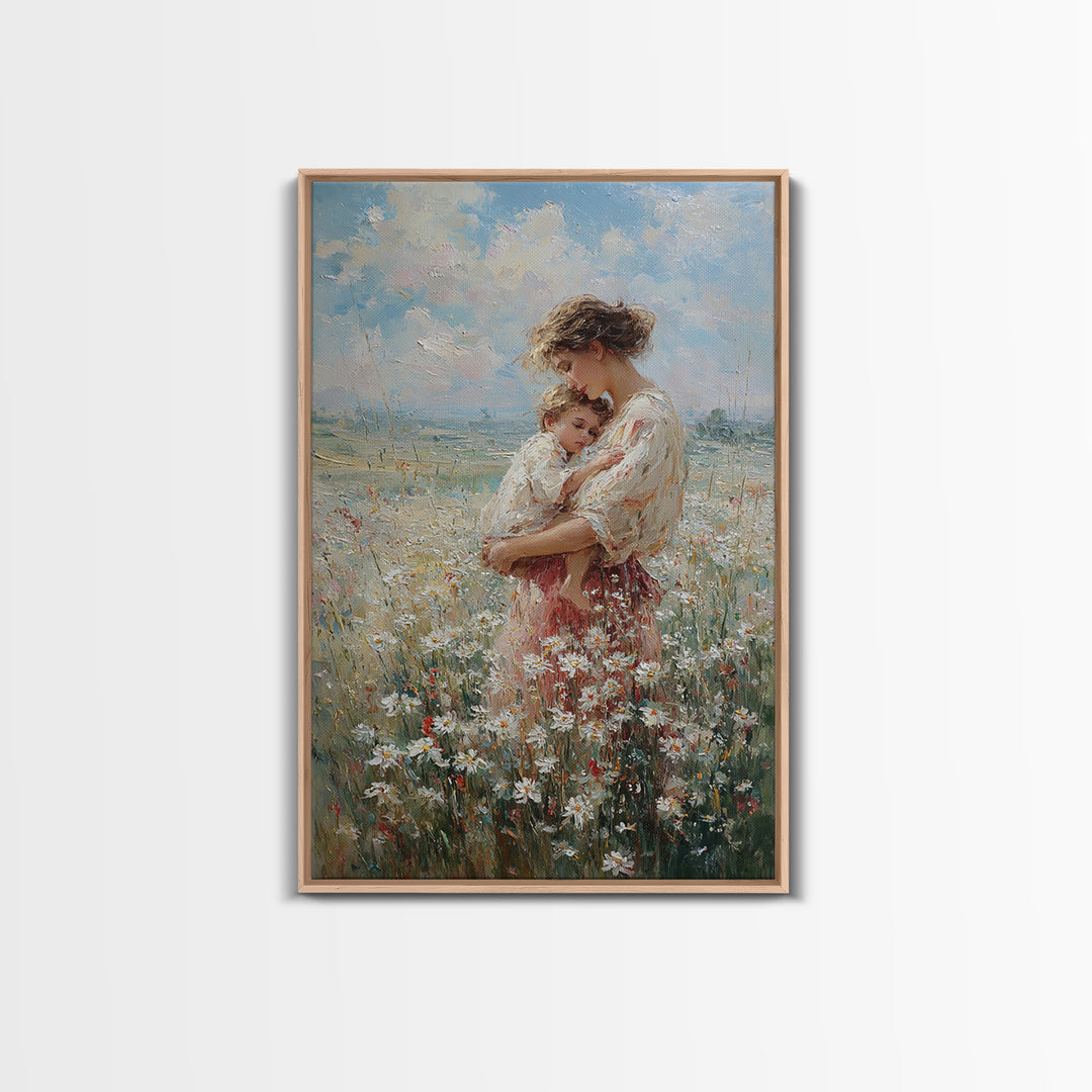 Mother Holding Child In Wildflower Meadow Wall Art, Impressionist Floral Oil Painting, New Mom Gift, Nursery Bedroom Decor