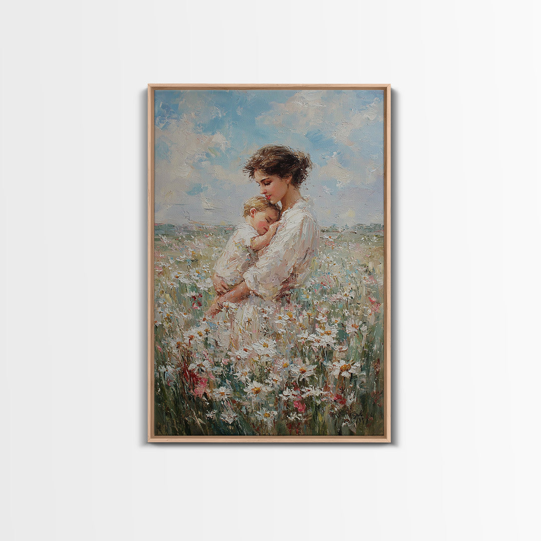 Mother Cradling Baby In Daisy Field Canvas Print, Soft Floral Wall Art, Feminine Nursery Decor, Gift For New Mom, Bedroom Wall Decor