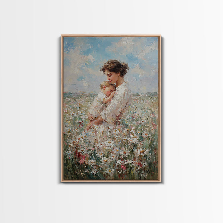 Mother Cradling Baby In Daisy Field Canvas Print, Soft Floral Wall Art, Feminine Nursery Decor, Gift For New Mom, Bedroom Wall Decor