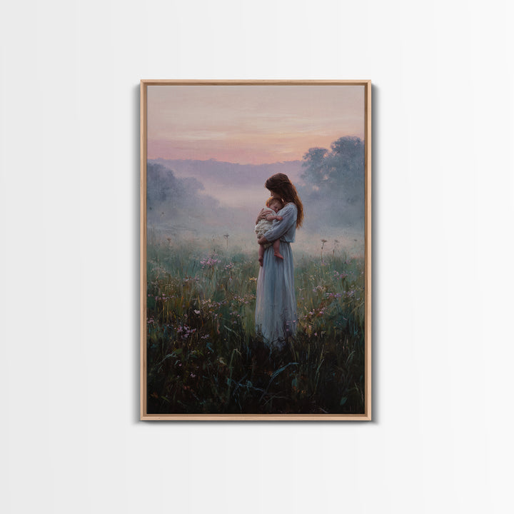 Mother And Baby In Misty Sunrise Meadow Wall Art, Romantic Landscape Oil Painting, New Mom Gift, Feminine Bedroom And Nursery Decor