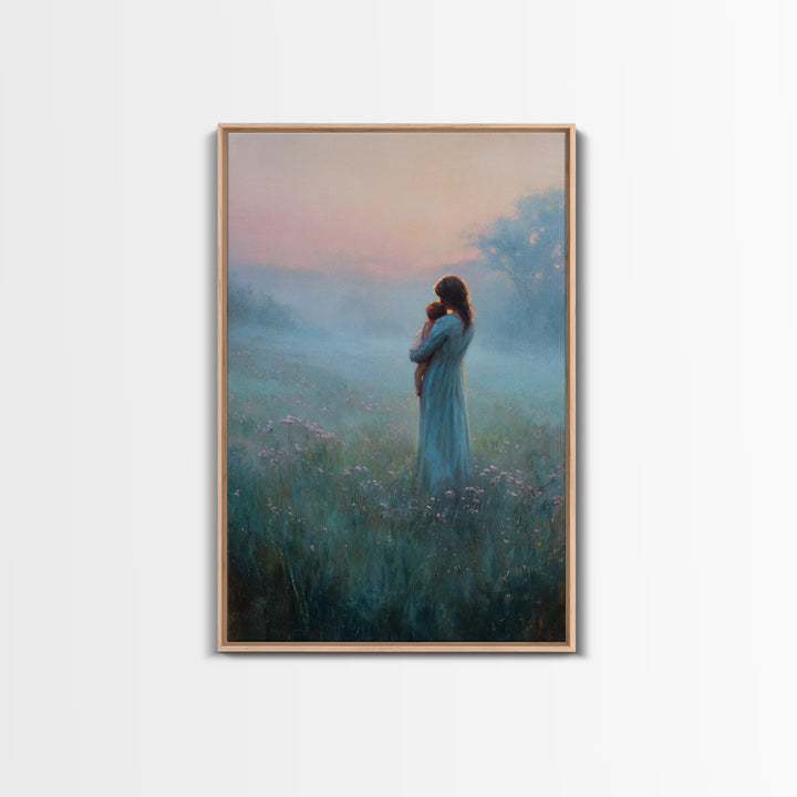 Mother Holding Baby In Foggy Pastel Meadow Canvas Print, Calming Landscape Wall Art, New Mom Gift, Nursery Decor, Soft Bedroom Wall Decor