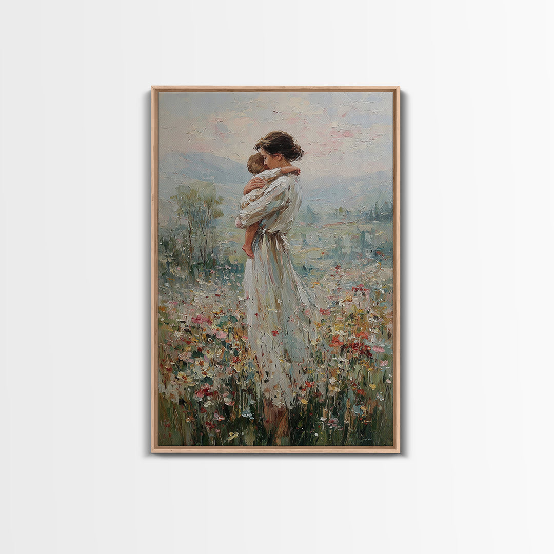 Mother Hugging Child In Mountain Wildflowers Canvas Print, Impressionist Landscape Wall Art, New Mom Gift, Nursery Decor