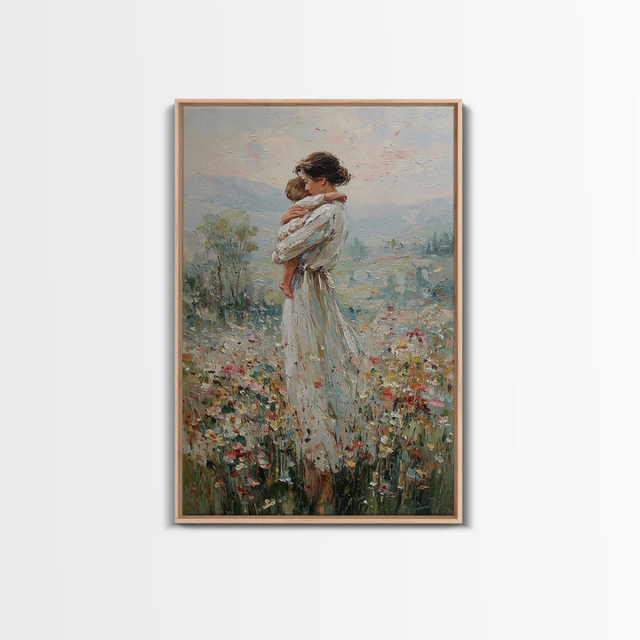 Mother Hugging Child In Mountain Wildflowers Canvas Print, Impressionist Landscape Wall Art, New Mom Gift, Nursery Decor
