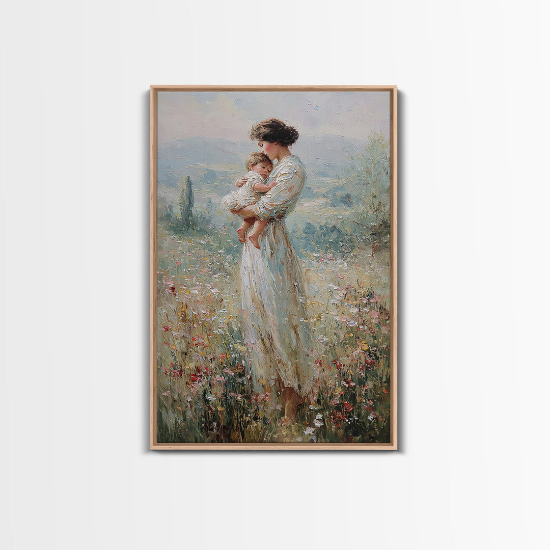 Mother Holding Baby In Wildflower Meadow Wall Art, Impressionist Motherhood Painting, Nursery Decor, Gift For Mom, Living Room Decor
