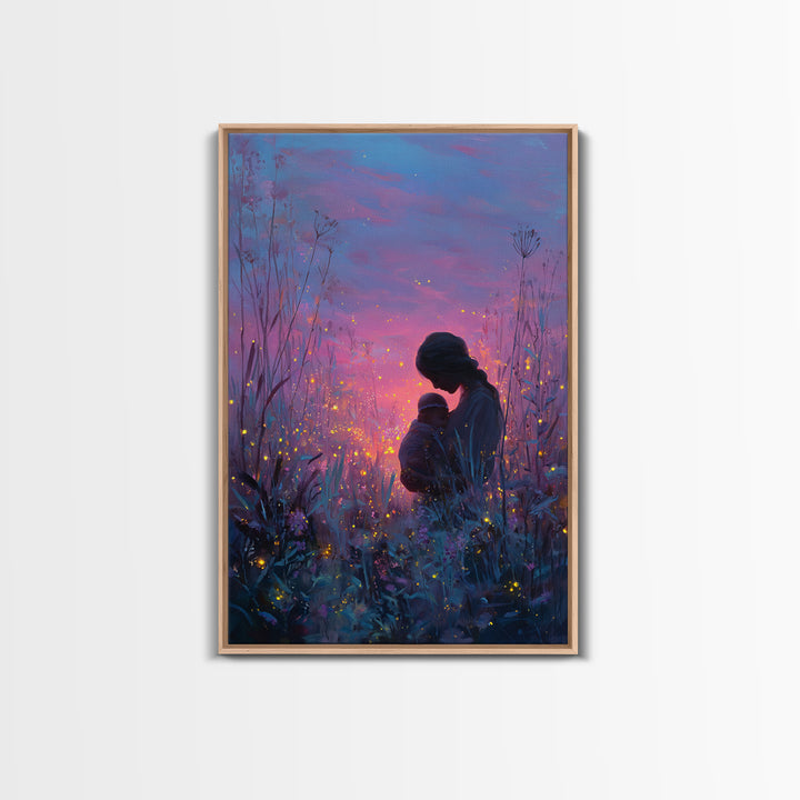 Twilight Mother And Baby In Firefly Meadow Canvas Print, Celestial Nursery Wall Art, Fantasy Decor, Gift For Mom, Bedroom Decor