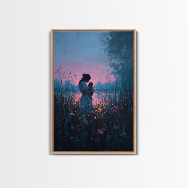 Blue Dusk Mother And Child By Lake Wall Art, Firefly Meadow Painting, Celestial Nursery Decor, Spiritual Gift For Mom, Art Print