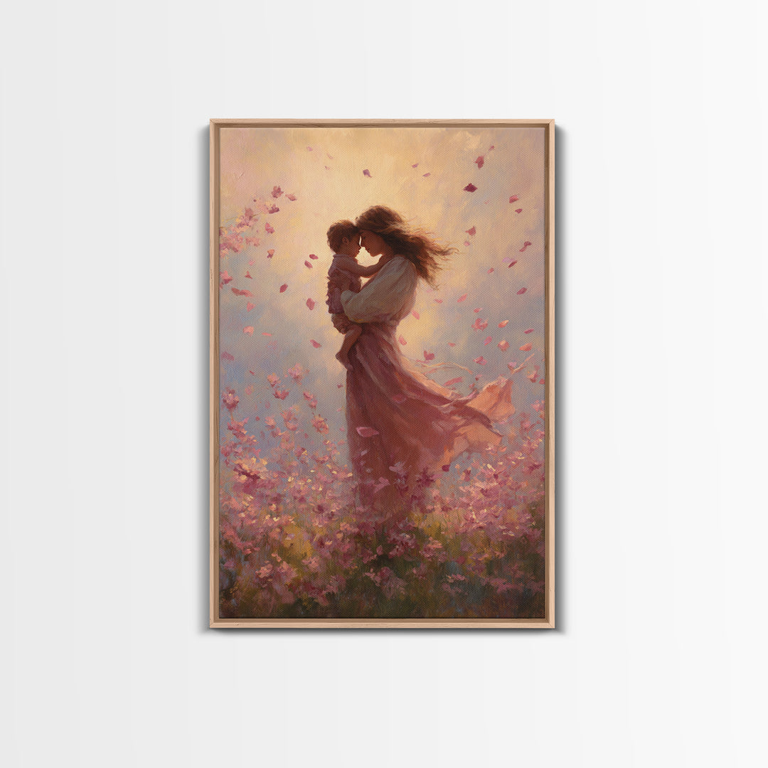 Mother Kissing Baby In Pink Blossom Field Framed Canvas Print, Romantic Wall Art, Nursery Decor, Gift For Her And Mom, Bedroom Decor