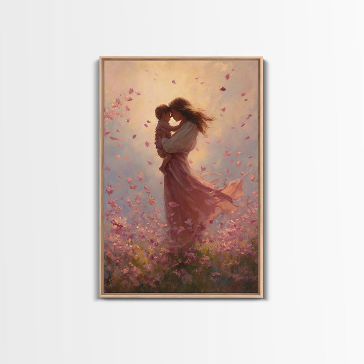 Mother Kissing Baby In Pink Blossom Field Framed Canvas Print, Romantic Wall Art, Nursery Decor, Gift For Her And Mom, Bedroom Decor