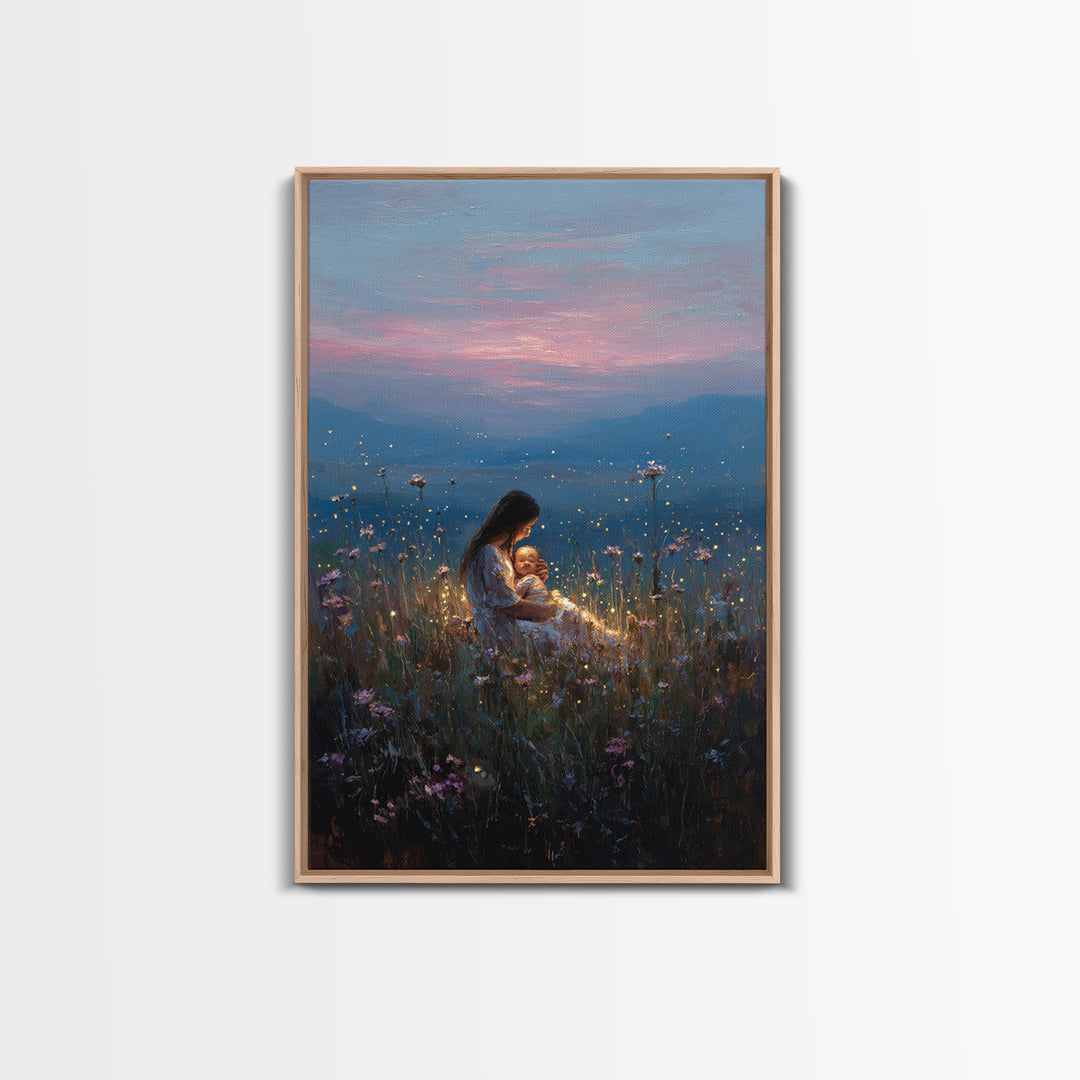 Glowing Mother And Baby In Mountain Meadow Canvas Print, Serene Landscape Wall Art, Nursery Decor, Spiritual Gift For Mom