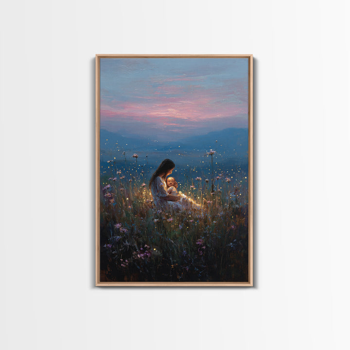 Glowing Mother And Baby In Mountain Meadow Canvas Print, Serene Landscape Wall Art, Nursery Decor, Spiritual Gift For Mom