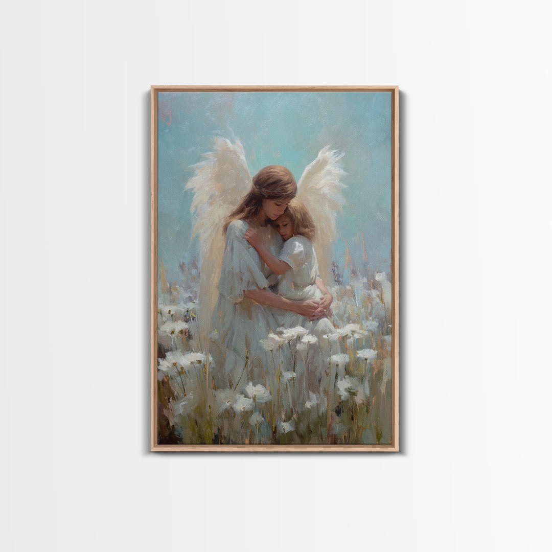 Guardian Angel Hugging Child In White Flower Field Wall Art, Spiritual Canvas Print, Christian Nursery Decor, Gift For Mom