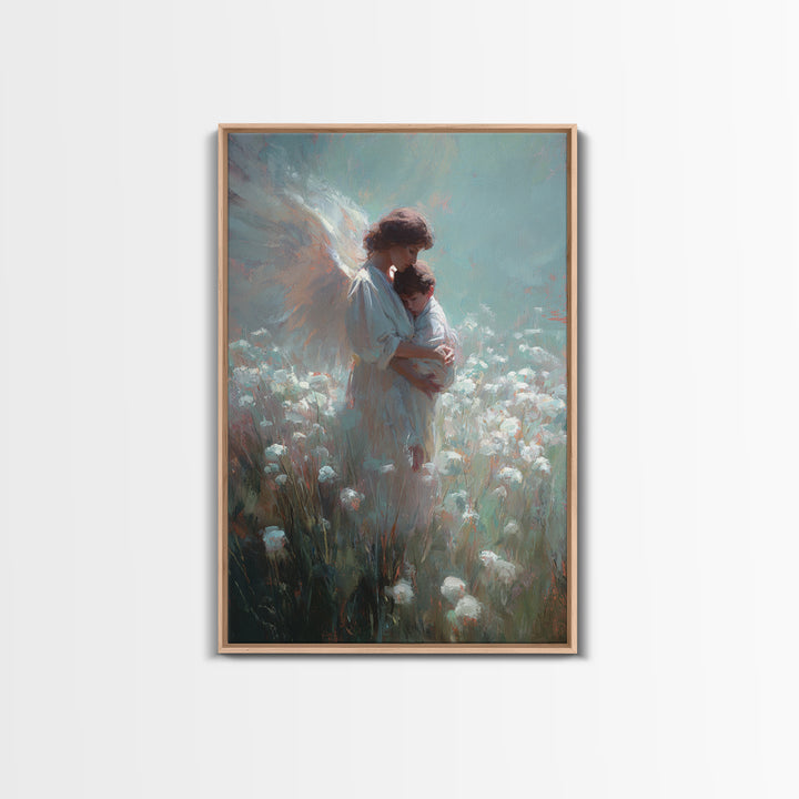 Angel Mother Holding Child In Soft White Meadow Framed Canvas Print, Spiritual Wall Art, Christian Nursery Decor, Gift For Mom