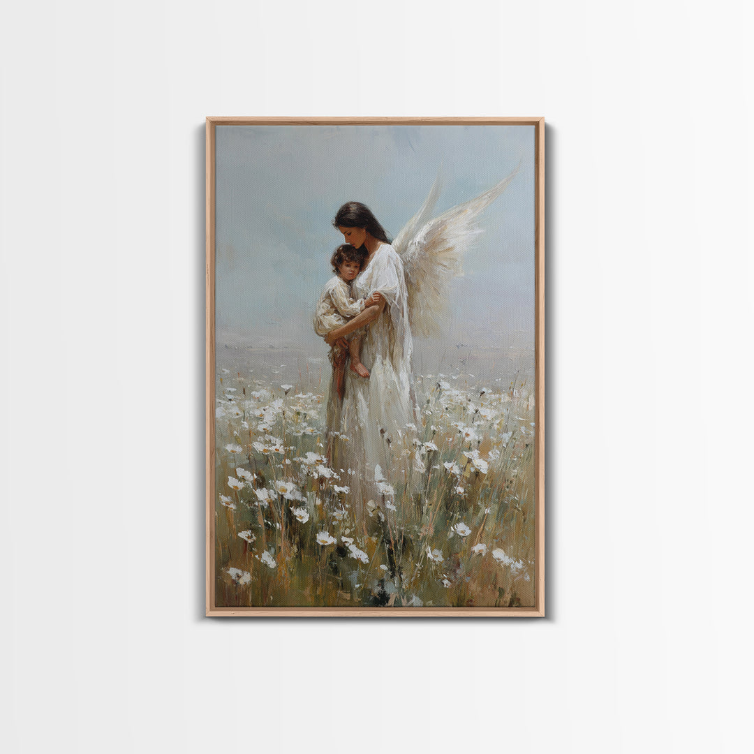 Dark Haired Guardian Angel With Child In Daisy Field Wall Art, Religious Canvas Print, Christian Nursery Decor, Gift For Mom