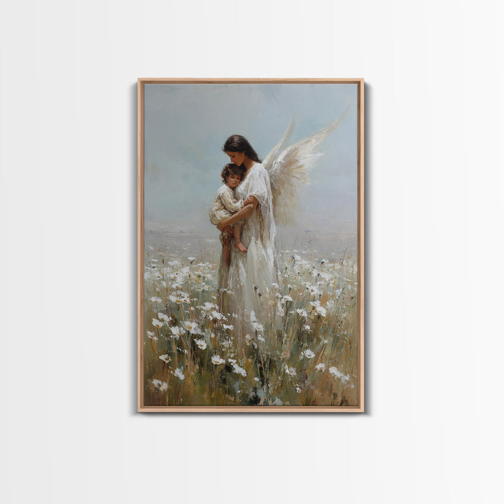 Dark Haired Guardian Angel With Child In Daisy Field Wall Art, Religious Canvas Print, Christian Nursery Decor, Gift For Mom