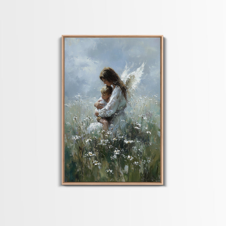 Angel Embracing Child In Wild Daisy Meadow Canvas Print, Soft Spiritual Wall Art, Christian Nursery Decor, Gift For Mom, Bedroom Decor