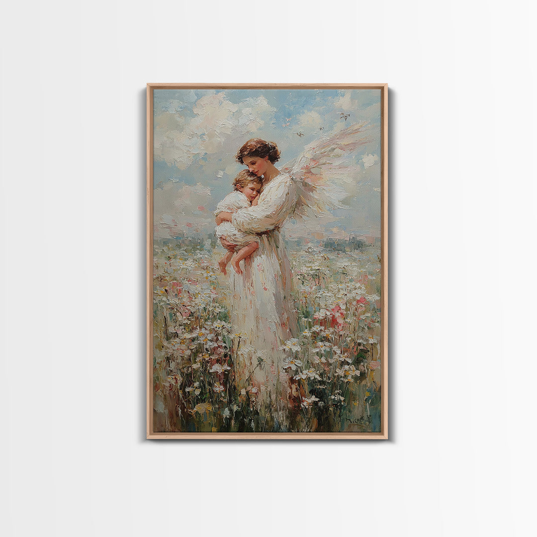 Textured Angel Mother Holding Baby In Wildflower Field Wall Art, Impressionist Canvas Print, Christian Nursery Decor, Gift For Mom