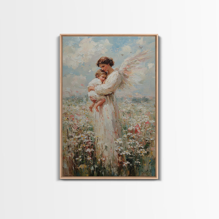 Textured Angel Mother Holding Baby In Wildflower Field Wall Art, Impressionist Canvas Print, Christian Nursery Decor, Gift For Mom