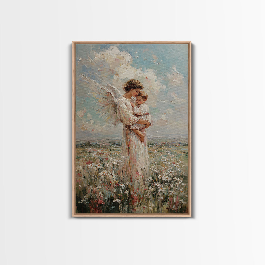 Angel Mother And Baby In Wildflower Meadow Wall Art, Christian Nursery Decor, Motherhood Gift, Fine Art Print, Serene Home Decor