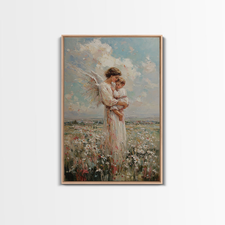 Angel Mother And Baby In Wildflower Meadow Wall Art, Christian Nursery Decor, Motherhood Gift, Fine Art Print, Serene Home Decor
