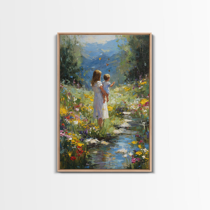 Mother And Child By Mountain Stream Wall Art, Wildflower Landscape Painting, Nature Wall Art, Nursery Decor, Housewarming Gift