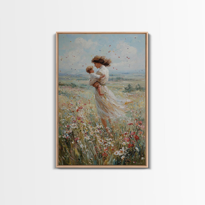 Windswept Mother Holding Baby In Daisy Field Framed Canvas Print, Floral Wall Art, Motherhood Gift, Romantic Bedroom Art