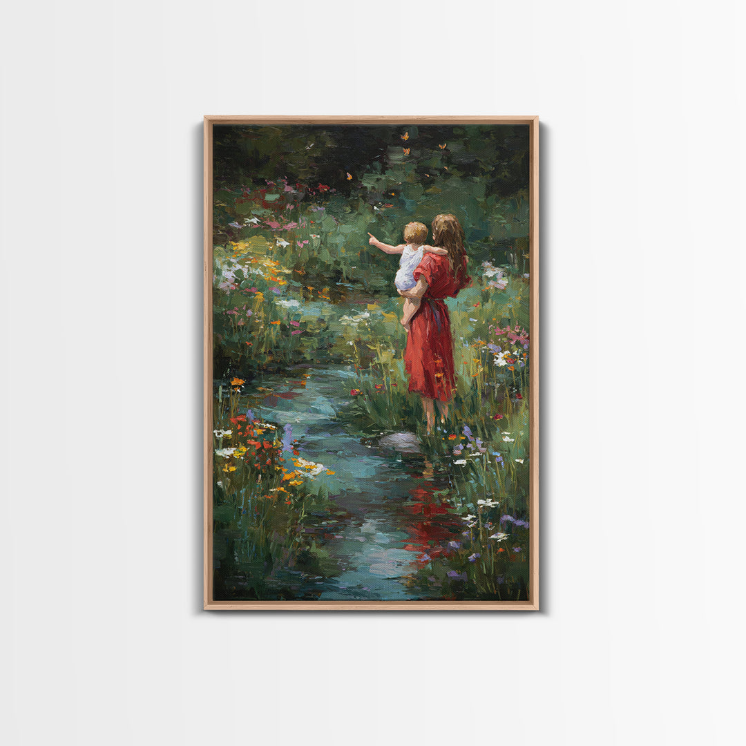 Mother In Red Dress With Child By Garden Stream Wall Art, Moody Floral Art, Nature Wall Decor, Gift For Her, Fine Art Print