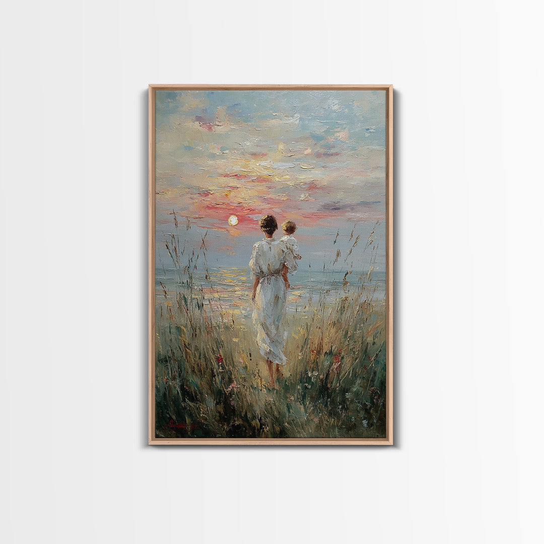 Mother And Child Watching Sunset Over Lake Framed Canvas Print, Coastal Wall Art, Serene Bedroom Decor, Motherhood Gift, Fine Art Print