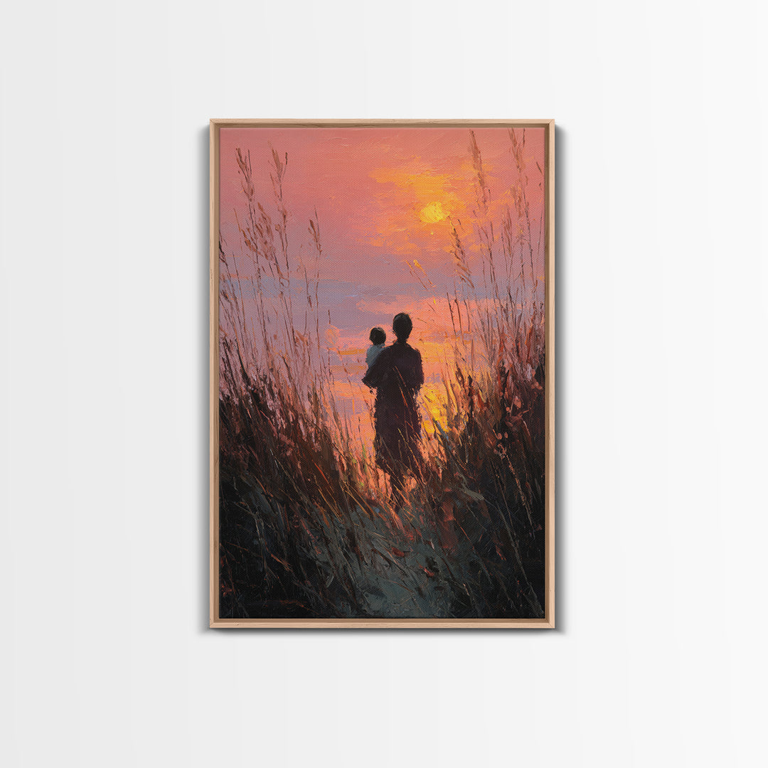 Silhouette Mother And Baby At Orange Sunset Canvas Print, Coastal Wall Art, Romantic Bedroom Decor, Gift For Mom, Sunset Art