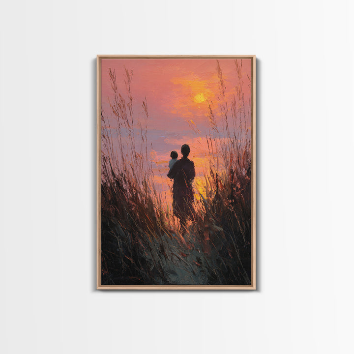 Silhouette Mother And Baby At Orange Sunset Canvas Print, Coastal Wall Art, Romantic Bedroom Decor, Gift For Mom, Sunset Art