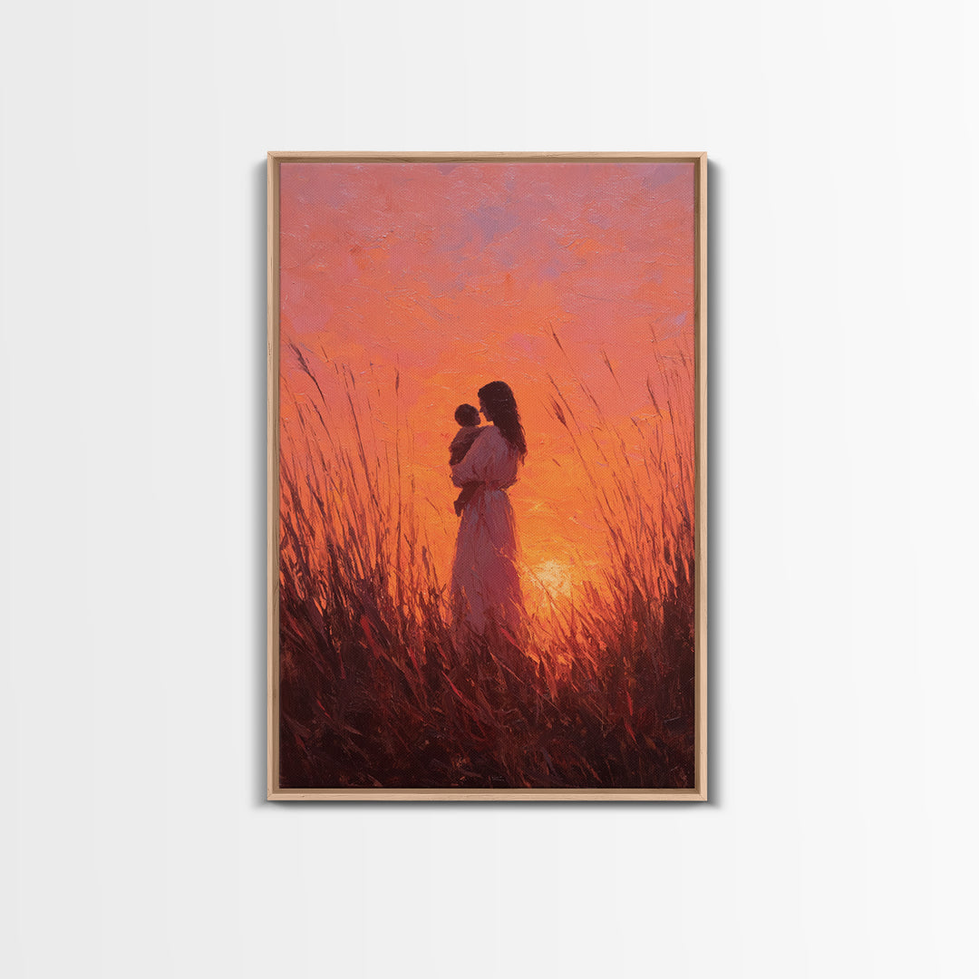 Mother And Baby In Fiery Sunset Grass Canvas Print, Romantic Wall Art, Warm Orange Decor, Nursery Wall Art, Gift For Her