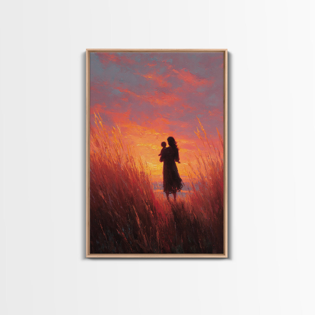Mother And Baby Sunset Meadow Wall Art, Impressionist Oil Painting Print, Feminine Nursery Decor, Gift For Mom, Living Room Decor