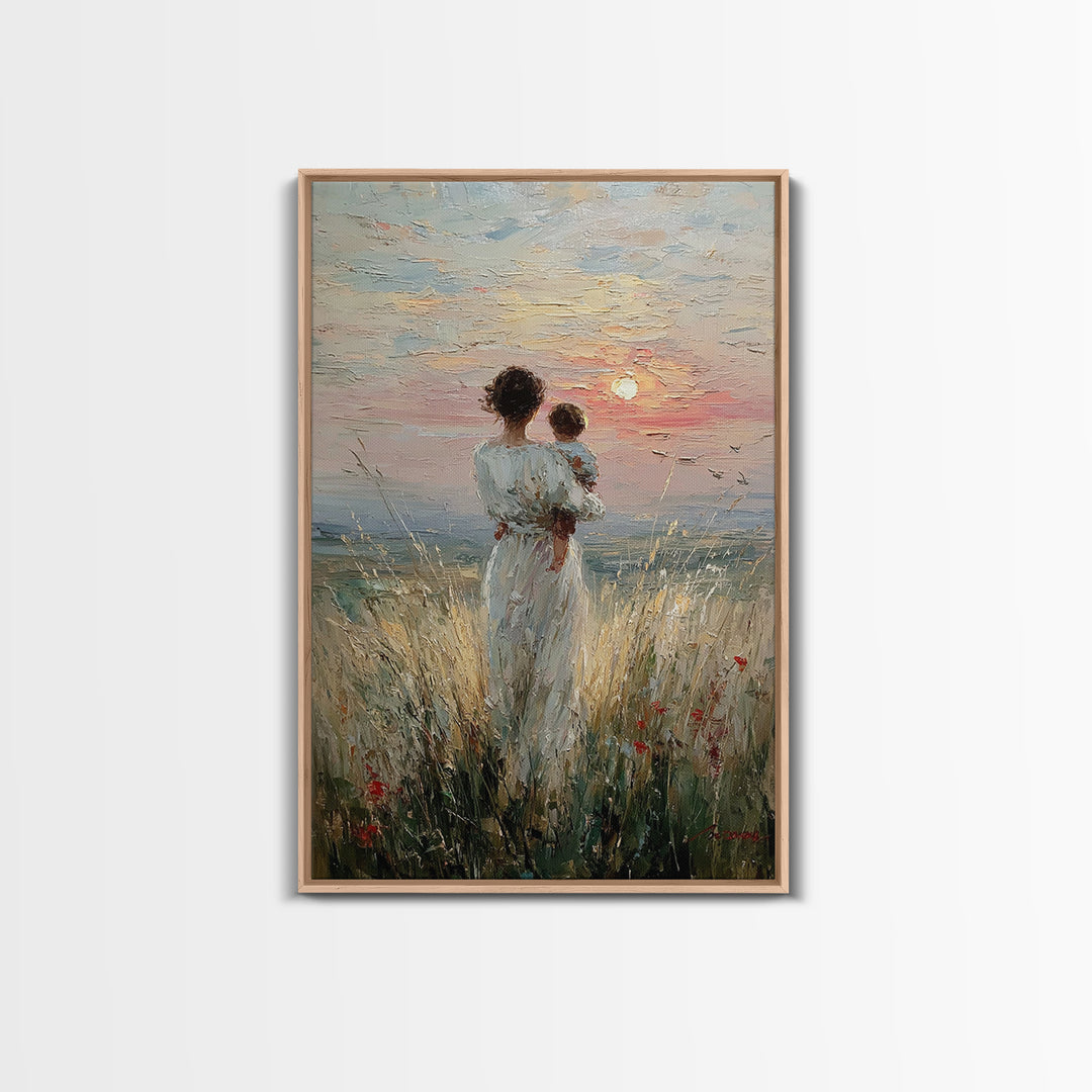 Mother And Child By The Sea Framed Canvas Print, Coastal Meadow Oil Painting, Feminine Wall Decor, Gift For Mom, Nursery Wall Art