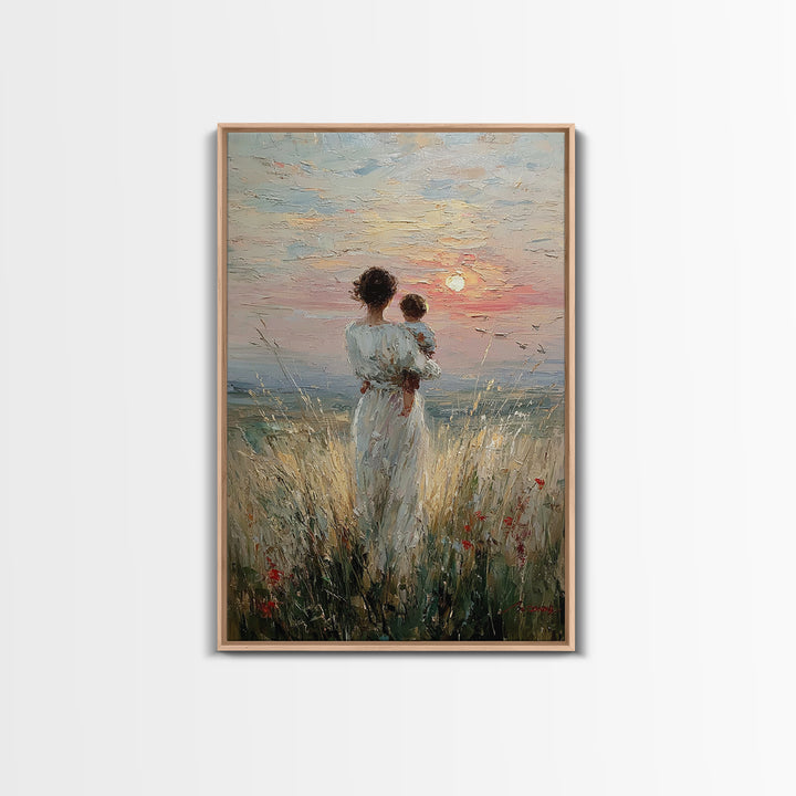 Mother And Child By The Sea Framed Canvas Print, Coastal Meadow Oil Painting, Feminine Wall Decor, Gift For Mom, Nursery Wall Art