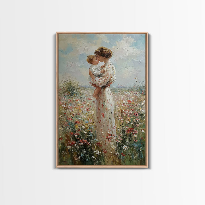 Mother Kissing Baby In Wildflower Field Canvas Print, Impressionist Floral Wall Art, Nursery Decor, Gift For Her, Mothers Day Gift