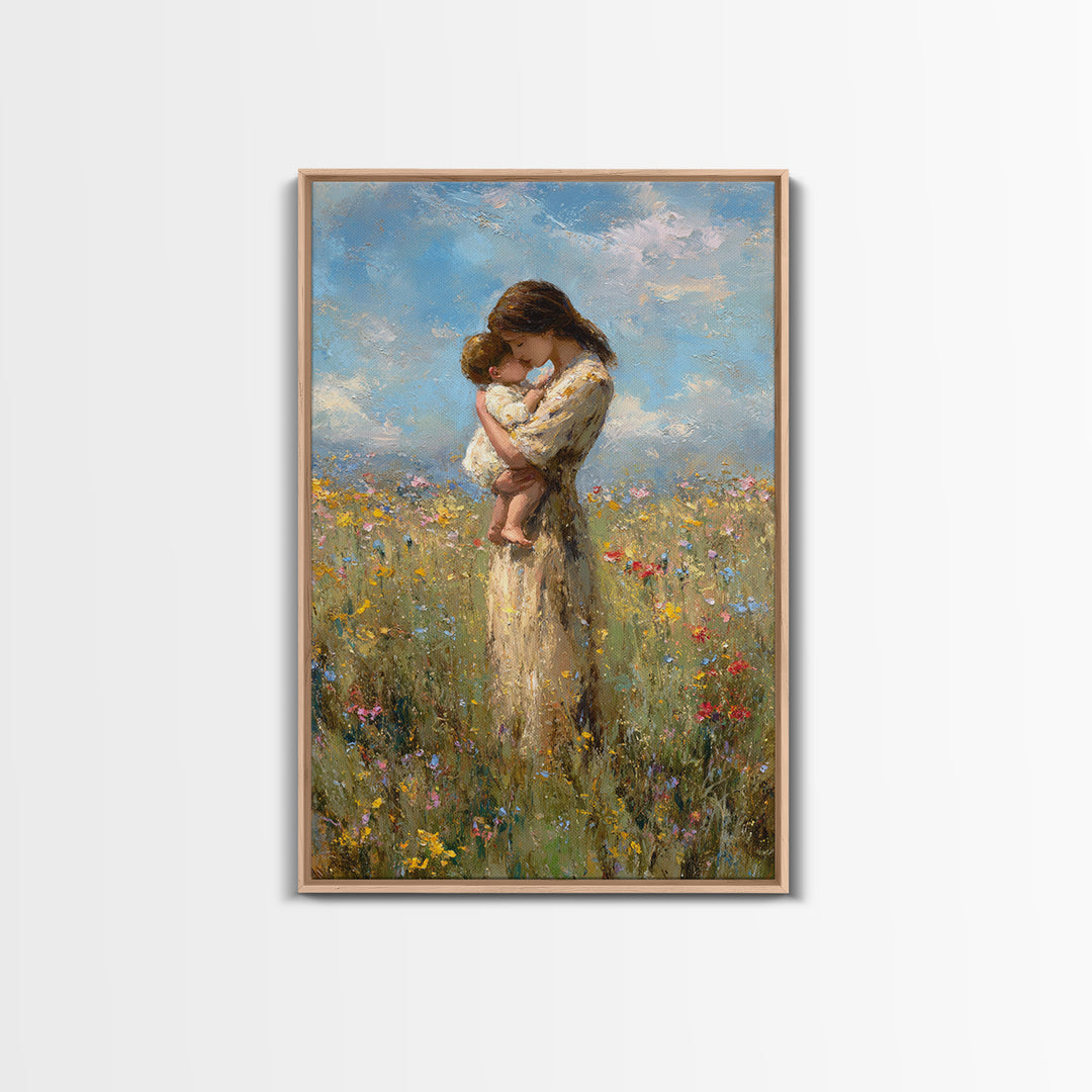 Tender Mother And Baby Wildflower Meadow Wall Art, Impressionist Oil Painting, Feminine Nursery Decor, Gift For Mom, Bedroom Decor
