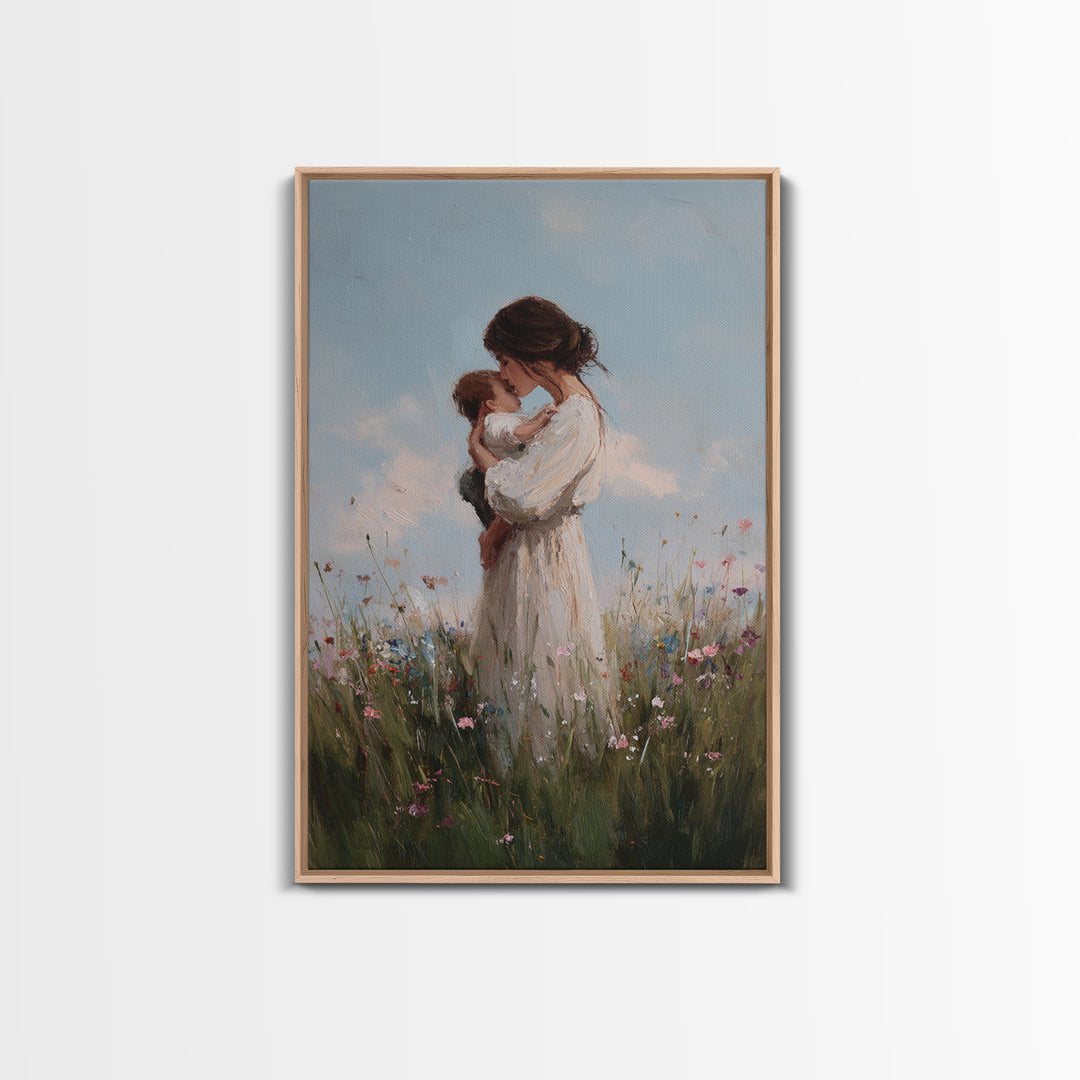 Mother Cuddling Baby In Soft Meadow Framed Canvas Print, Minimalist Floral Wall Art, Calming Nursery Decor, Gift For Mom