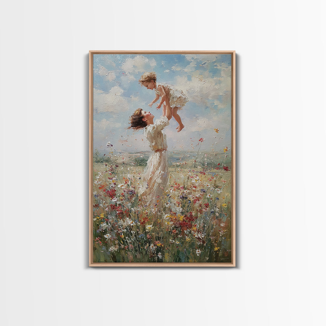 Mother Lifting Child Above Wildflower Meadow Wall Art, Joyful Impressionist Oil Painting Print, Nursery Decor, Gift For Mom