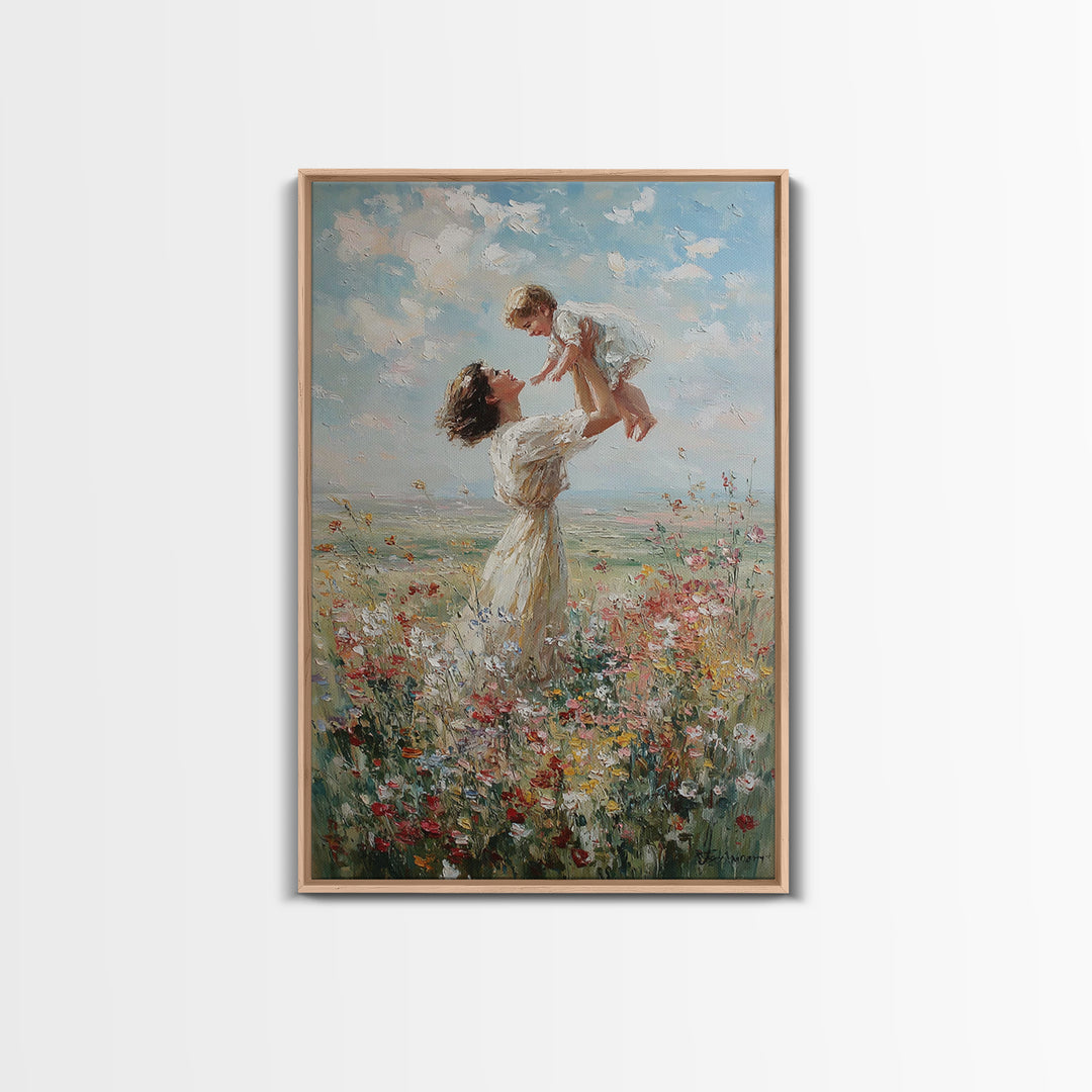 Mother Lifting Baby In Soft Wildflower Meadow Wall Art, Impressionist Oil Painting, Nursery Decor, Mothers Day Gift For Mom