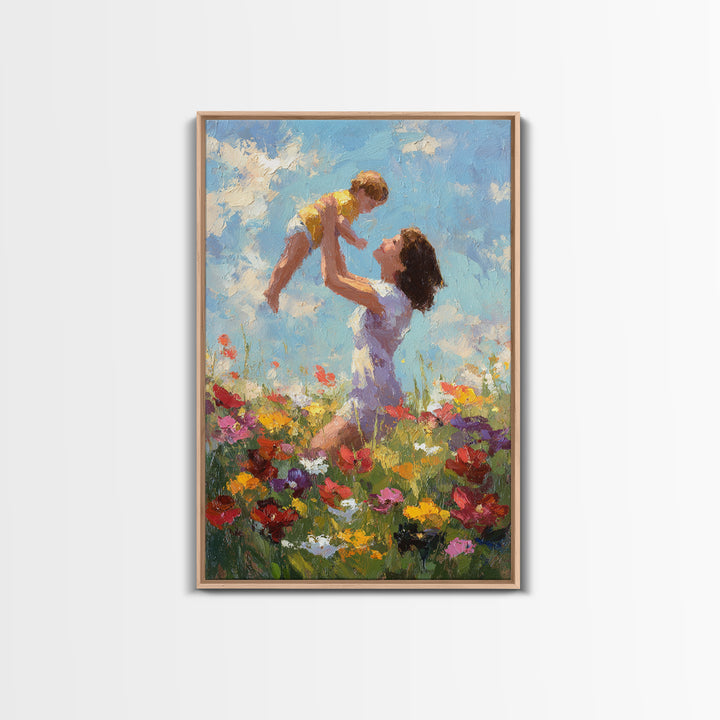 Kneeling Mother Lifting Baby Among Poppies Canvas Print, Impressionist Floral Wall Art, Nursery Decor, Mothers Day Gift For Mom