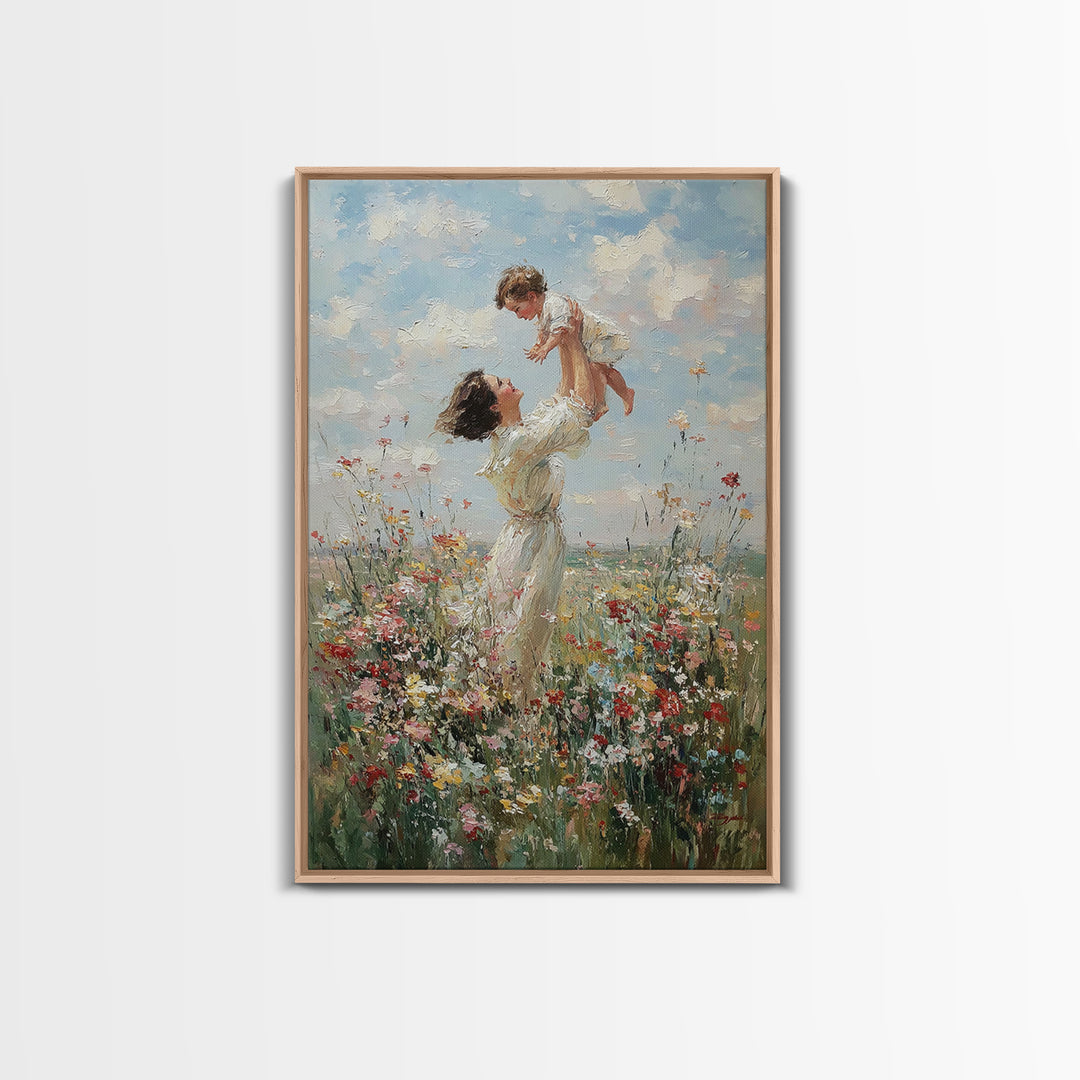 Airy Mother And Toddler In Wild Meadow Framed Canvas Print, Impressionist Wall Art, Living Room Decor, Mothers Day Gift For Mom