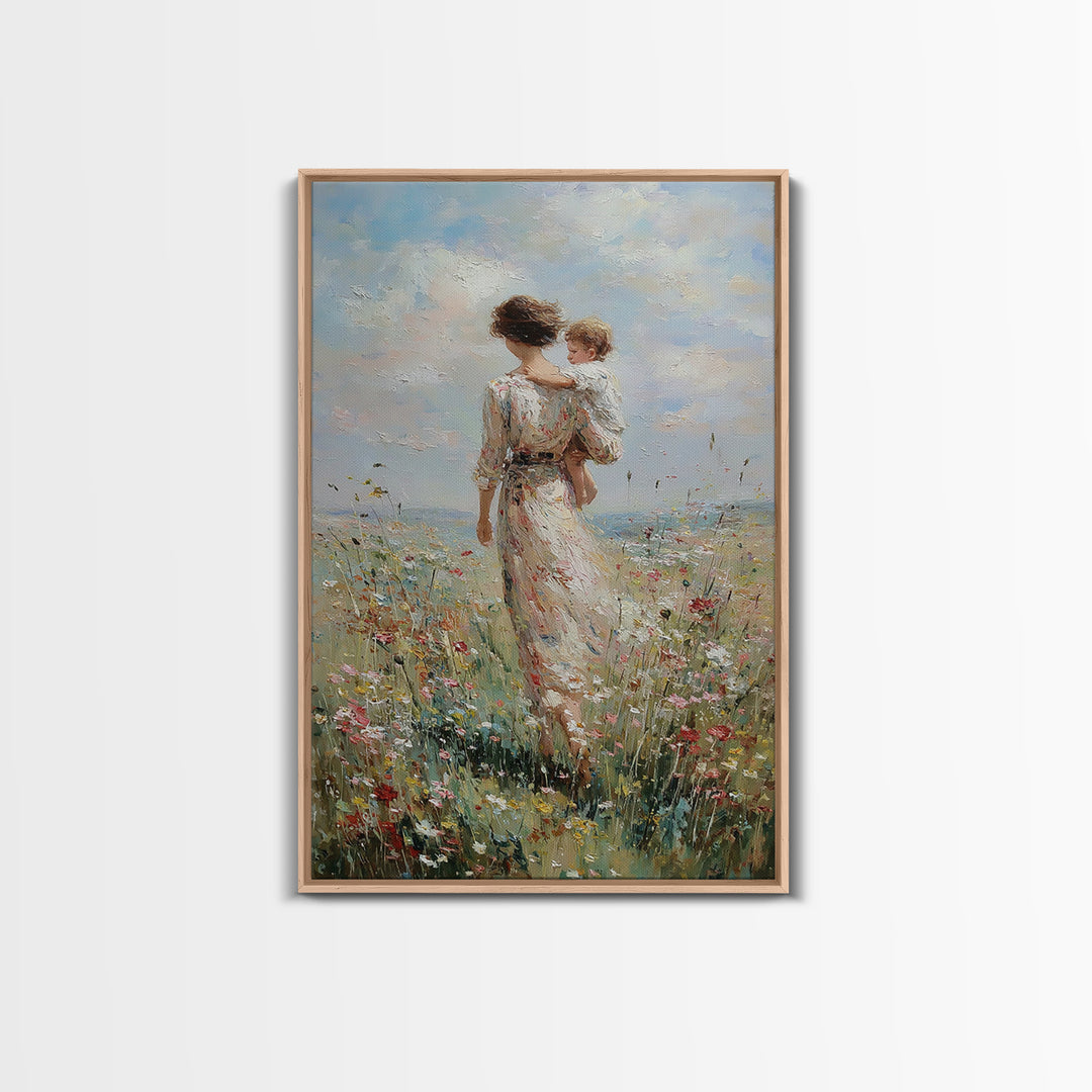 Mother And Child Walking Through Wildflower Meadow Canvas Print, Impressionist Wall Art, Nursery Decor, Mothers Day Gift