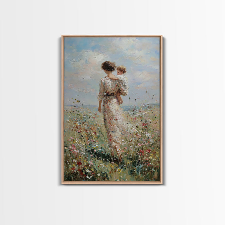 Mother And Child Walking Through Wildflower Meadow Canvas Print, Impressionist Wall Art, Nursery Decor, Mothers Day Gift
