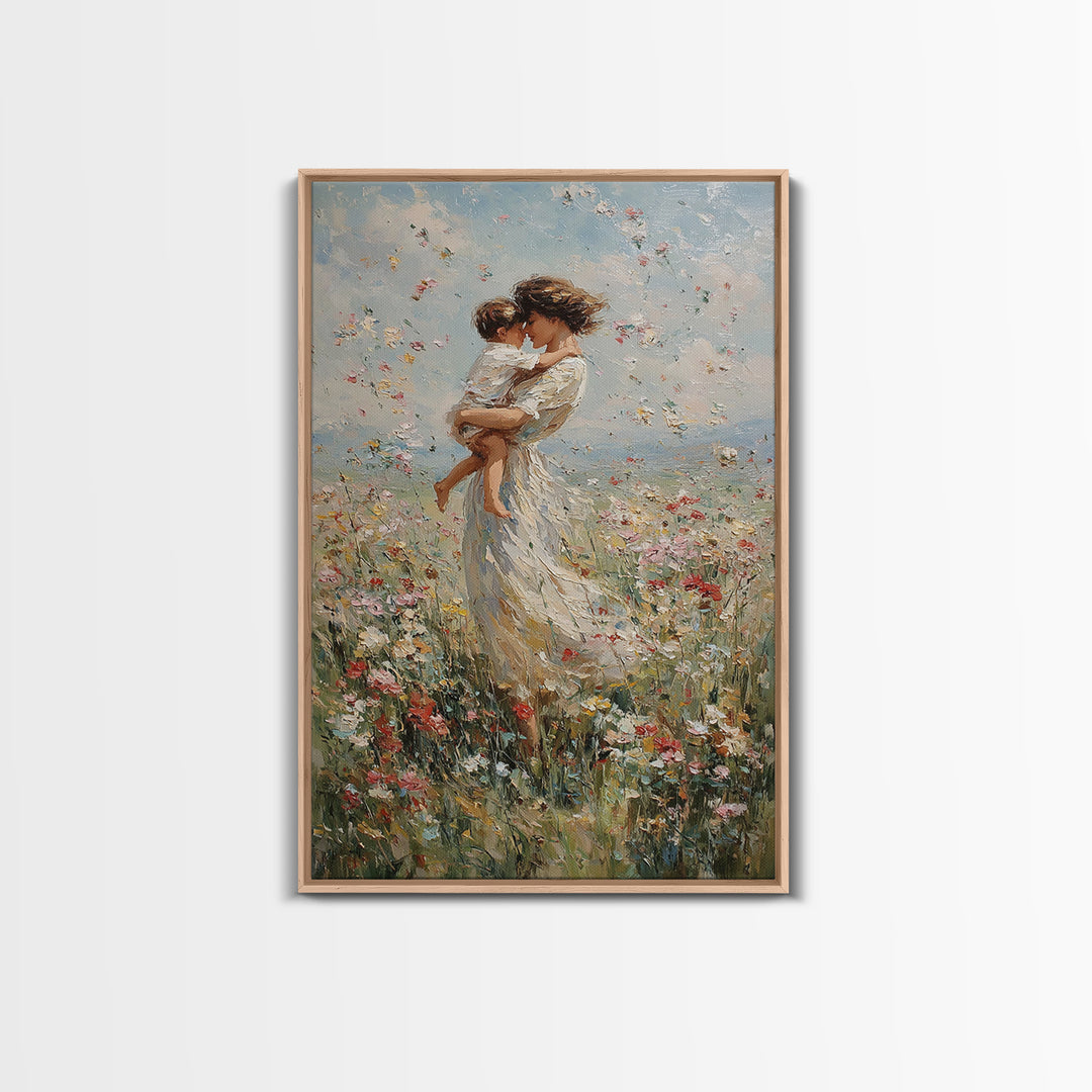 Mother Embracing Baby In Windblown Flower Meadow Framed Canvas Print, Impressionist Floral Wall Art, Nursery Decor, Mothers Day Gift For Mom