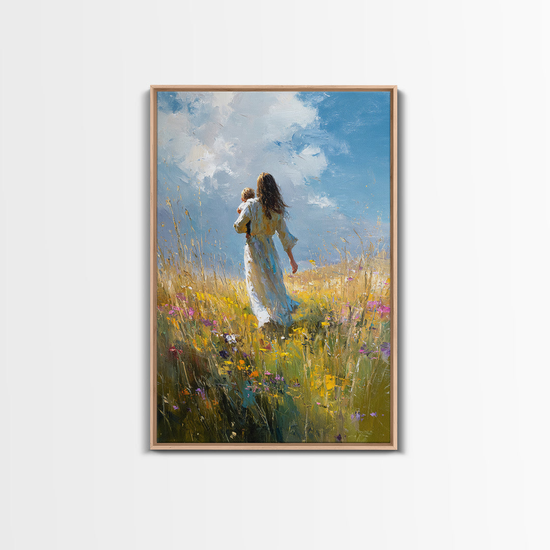 Mother Carrying Child Through Sunny Meadow Canvas Print, Impressionist Landscape Wall Art, Nursery Decor, Mothers Day Gift For Mom