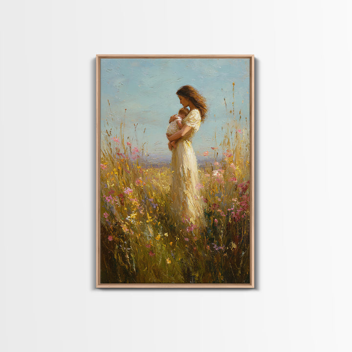 Mother Holding Baby In Wildflower Meadow Wall Art, Impressionist Oil Painting, Feminine Nursery Decor, Gift For Mom, Home Decor